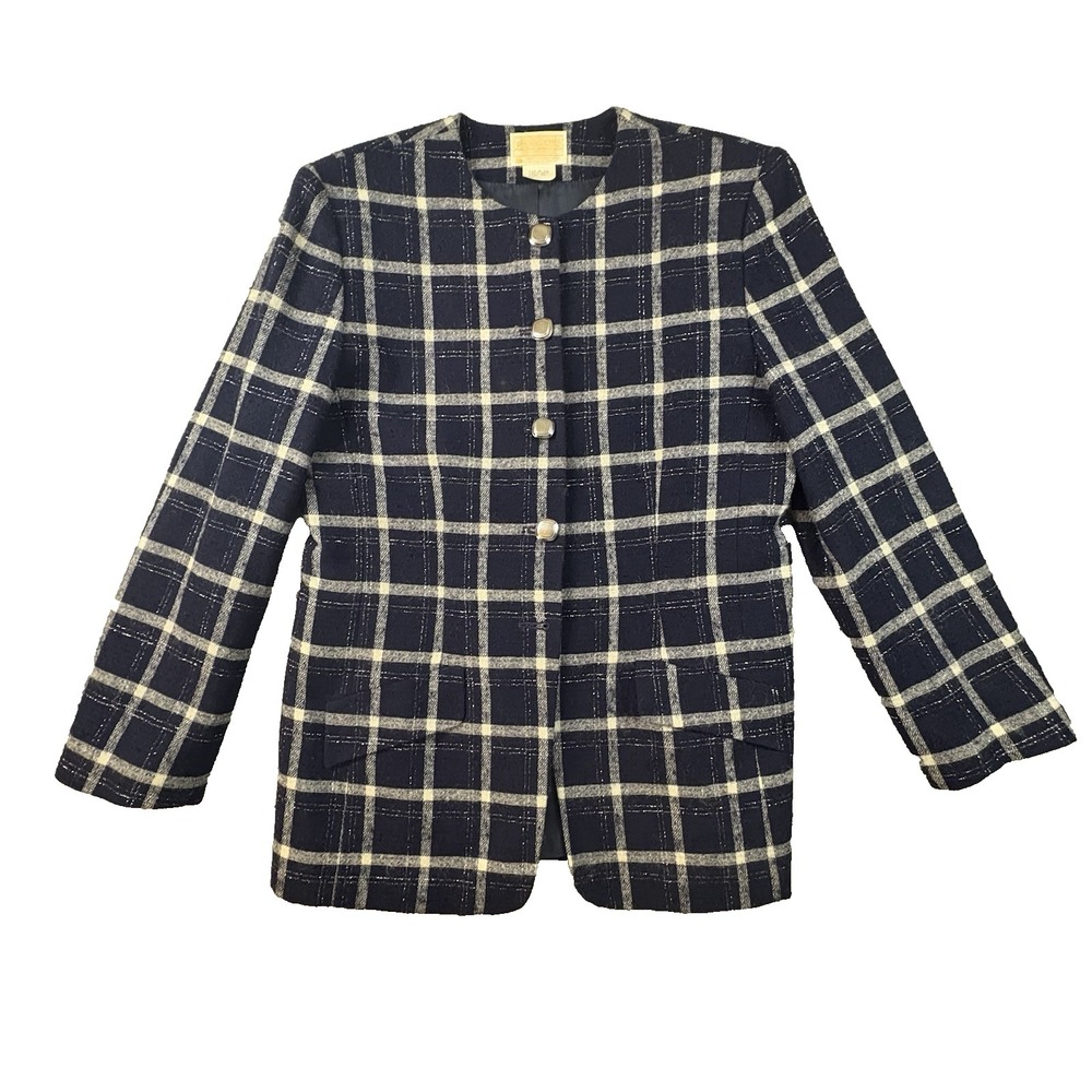 VTG Pendleton Women's Size 10‎ Navy Ivory Plaid Virgin Wool Blazer Jacket USA